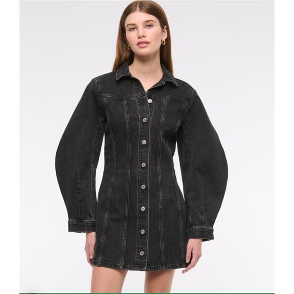 Abercrombie & Fitch Denim Button Down Barrel Sleeve Mini Dress Sz. Lrg Black - Picture 1 of 11